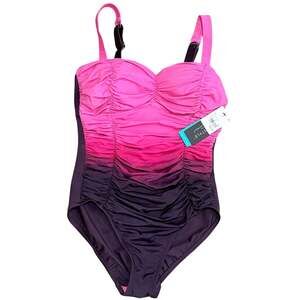 Aqua Green Shape + Style Women's Pink and Purple Ombre Ruched One Piece Swimsuit